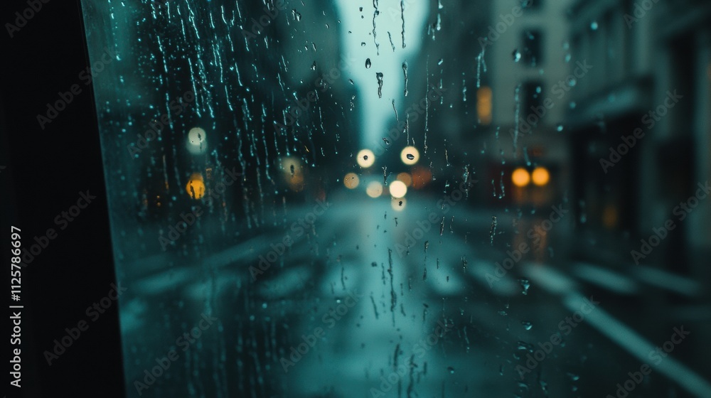 Poster raindrops cascade down a window, revealing an empty street with blurred city lights in the backgroun