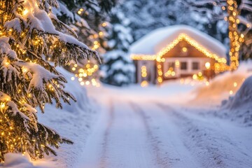 Fototapeta premium Cozy Winter Scene of a Snow-Covered Pathway Leading to a Charming Cabin Adorned with Warm Holiday Lights in a Serene Snowy Forest Setting
