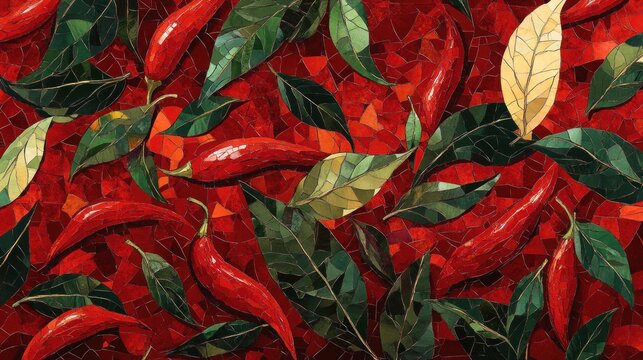 A vibrant mosaic artwork depicting red chili peppers and green leaves, a fiery culinary composition.