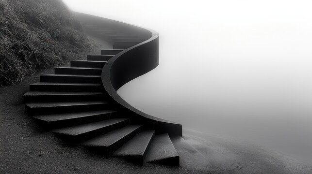 Minimalist spiral staircase foggy landscape serene environment artistic perspective abstract concept
