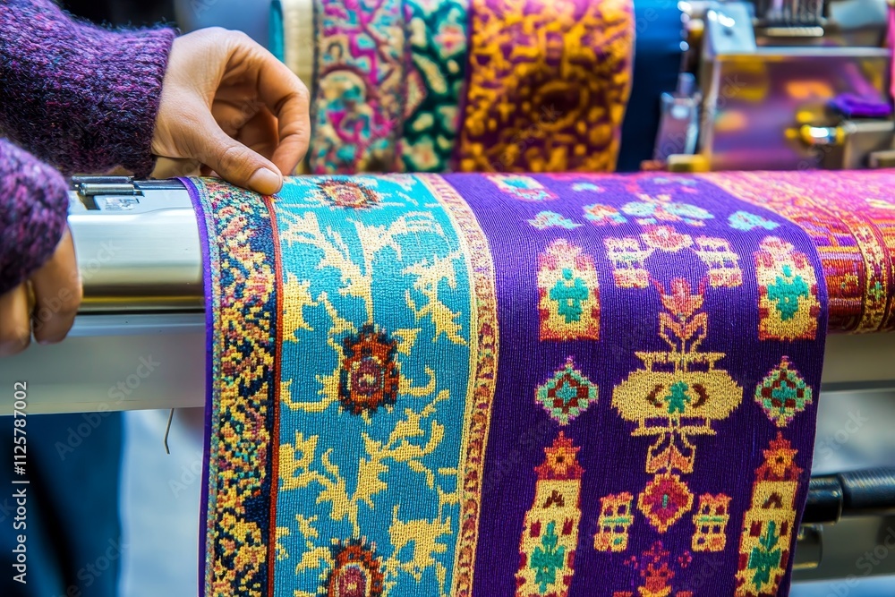 Poster craftsperson engaged in textile design with vibrant patterns in a colorful workroom setting, showcas