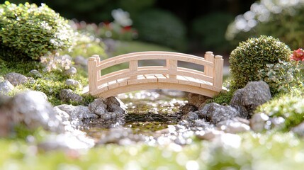 Charming wooden bridge over tranquil stream traditional garden setting nature serene landscape close-up view peaceful concept