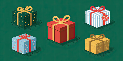 Festive Christmas Gift Boxes Red Green Gold Blue Presents