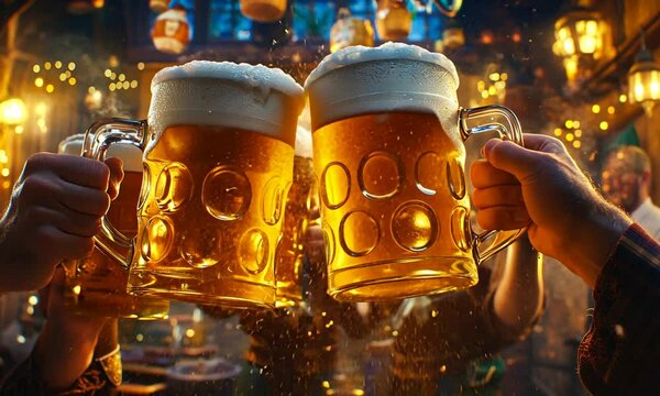 Two Large Beer Steins Held Up in Cheers in a Festive Tavern Setting