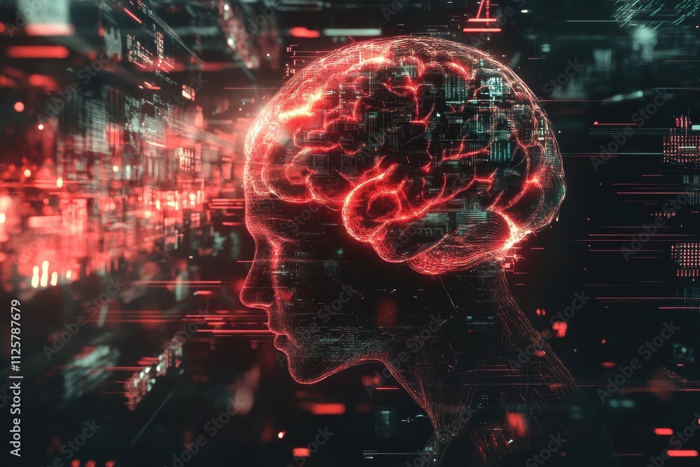 Poster visual of a digital brain merging with ai, featuring circuits and holograms, showcasing vibrant tech