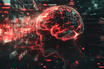 Visual of a digital brain merging with AI, featuring circuits and holograms, showcasing vibrant technological insights. Generative AI