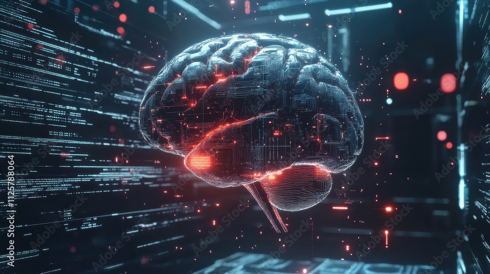 Fototapete a digital brain integrates with ai, circuits, and holograms, highlighting cutting-edge technology an