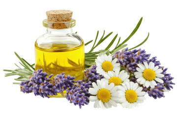 A bottle of essential oil surrounded by lavender and chamomile flowers, ideal for relaxation and...