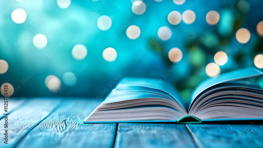 Poster beautifully open book on wooden table, surrounded by soft bokeh lights, creating serene and inviting