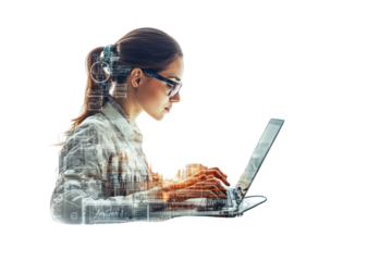 A focused woman working on a laptop, surrounded by digital data visualizations, symbolizing technology and innovation.