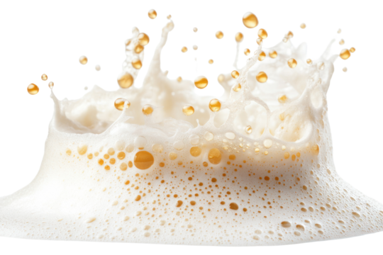 A dynamic splash of beer foam against a white background, capturing the essence of refreshment and celebration.