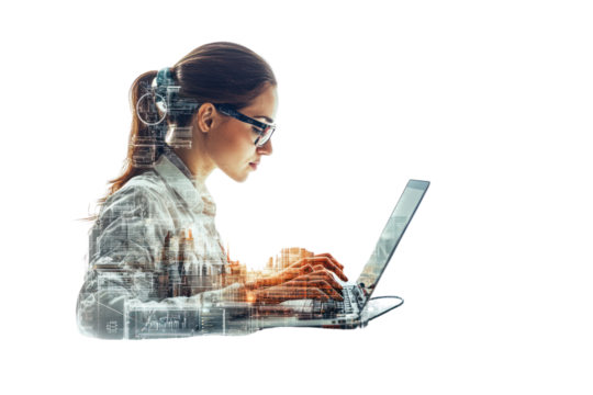 A focused woman working on a laptop, surrounded by digital data visualizations, symbolizing technology and innovation.