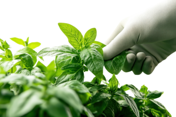 A hand wearing a glove gently plucking fresh basil leaves from a vibrant green plant against a clean background.