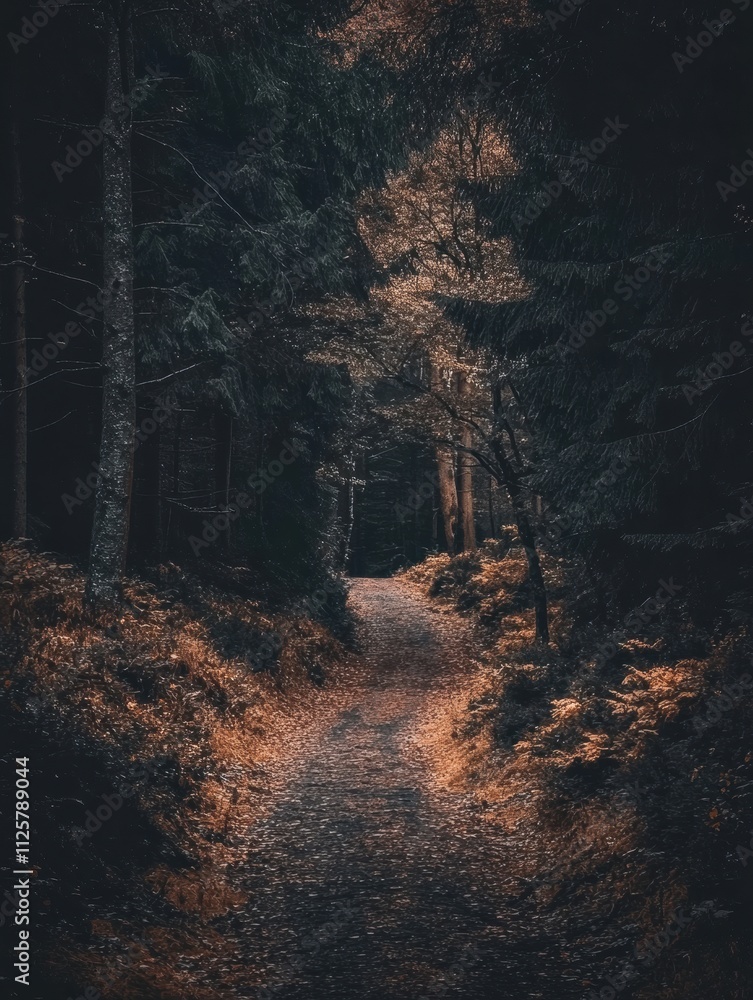 Poster a narrow pathway meanders through dense woods, illuminated by soft sunlight filtering through the ca