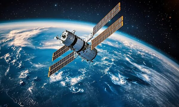 A spacecraft or satellite orbits Earth, showcasing solar panels and scientific instruments against a backdrop of the planet and stars, illustrating space exploration and technology.
