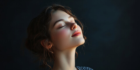 Naklejka premium A portrait of an attractive woman with her eyes closed, illuminated by soft natural light against a dark background. She has rosy cheeks, generative AI