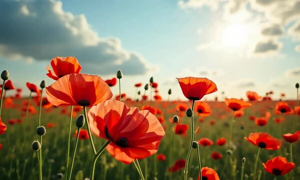 Field of poppy flowers under a clouds summer sky video.