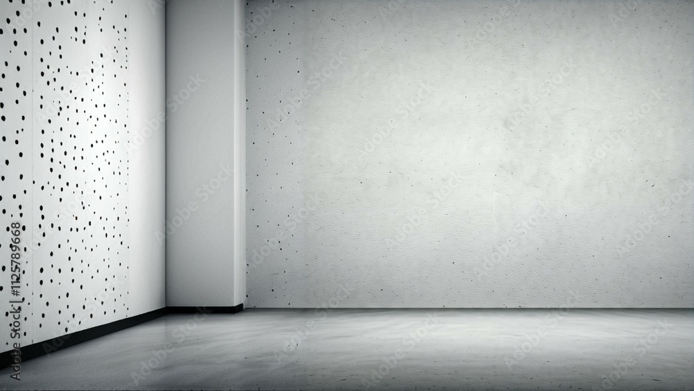 Poster empty room with a patterned wall on left side and plain wall on right with shadows.