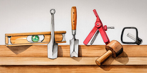 Craftsmanship Tools Woodworking Carpentry DIY Hand Tools Level Trowel Mallet Chisel Spring Clamp