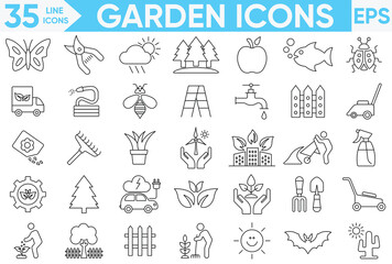 Garden Line icon set. Containing mountain, forest, river, beach, desert, field, island.Trees and Woodland Icon collection containing.Vector And illustrator set.