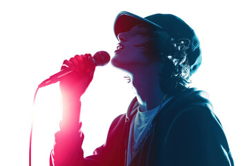 A young singer passionately performing with a microphone against a stunning colorful light backdrop.