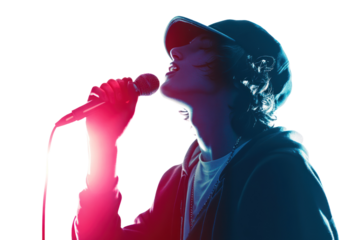A young singer passionately performing with a microphone against a stunning colorful light backdrop.