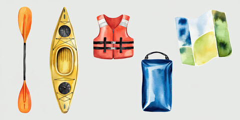 Kayak Paddle Life Vest Dry Bag Map Watercolor Illustration