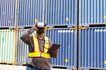 Engineer is performing an inspection of cargo containers and structure of shipyard using VR technology.