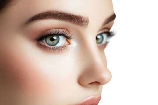 Beautiful close-up of a woman's eye with striking green iris and perfectly styled lashes against a white isolate background.