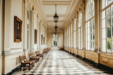Elegant and Spacious Gallery Hallway Featuring Classic Architecture, Wooden Benches, Decorative Art Pieces, and Sunlight Pouring Through Large Windows
