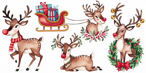 Naklejka premium Cute Watercolor Reindeer Christmas Set Holiday Animals Festive Gifts Winter Wonderland