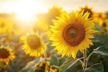 Obraz premium A vibrant sunflower field illuminated by sunlight, showcasing nature's beauty.