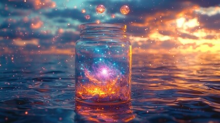 Magical universe in a jar miniature galaxy suspended above water at sunset dreamlike concept for imagination
