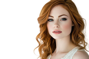 Fototapeta premium Close-up portrait of a young woman with wavy red hair, soft makeup, and a serene expression against a white background.