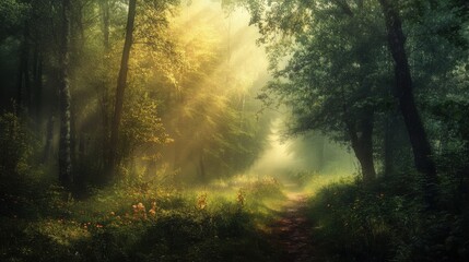 Fototapeta premium Sunbeams illuminating a misty forest path.