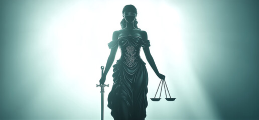 Naklejka premium Statue of Lady Justice, symbolizing fairness and law, holding scales and sword, blindfolded, in dramatic light setting, representing justice and equality