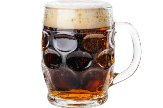 Cold beer in a frosty glass mug with foam on top, perfect for refreshing drinks.