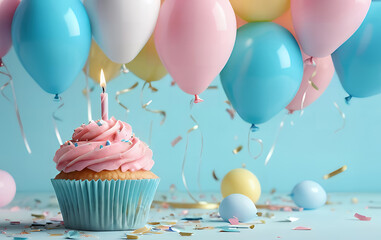A Delightful Birthday Cupcake with Pastel Balloons and Confetti