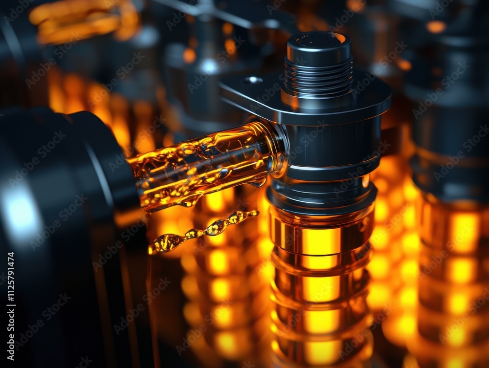 Poster industrial engine components in action high-tech factory close-up photography dynamic lighting mecha
