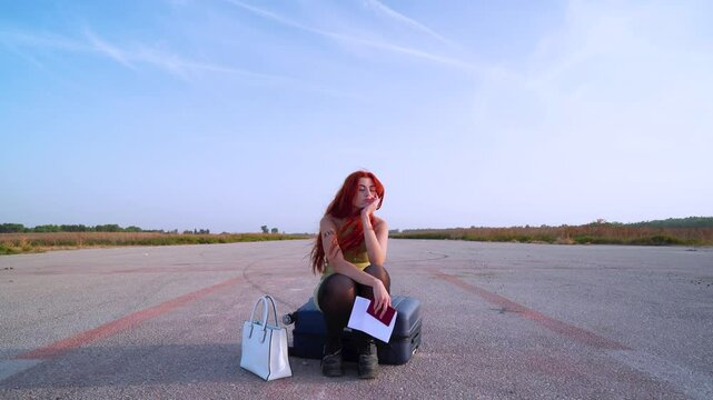 Chica viajera esta en el aeropuerto esperando un vuelo pero se da cuenta de que se ha cancelado y se enfada mucho y se va andando por la pista de aterrizaje.