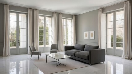 Fototapeta premium serene, minimalist living room with a neutral gray color palette.