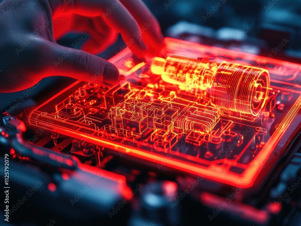Poster tech innovation event exploring circuitry and designs in a high-tech environment close-up view futur