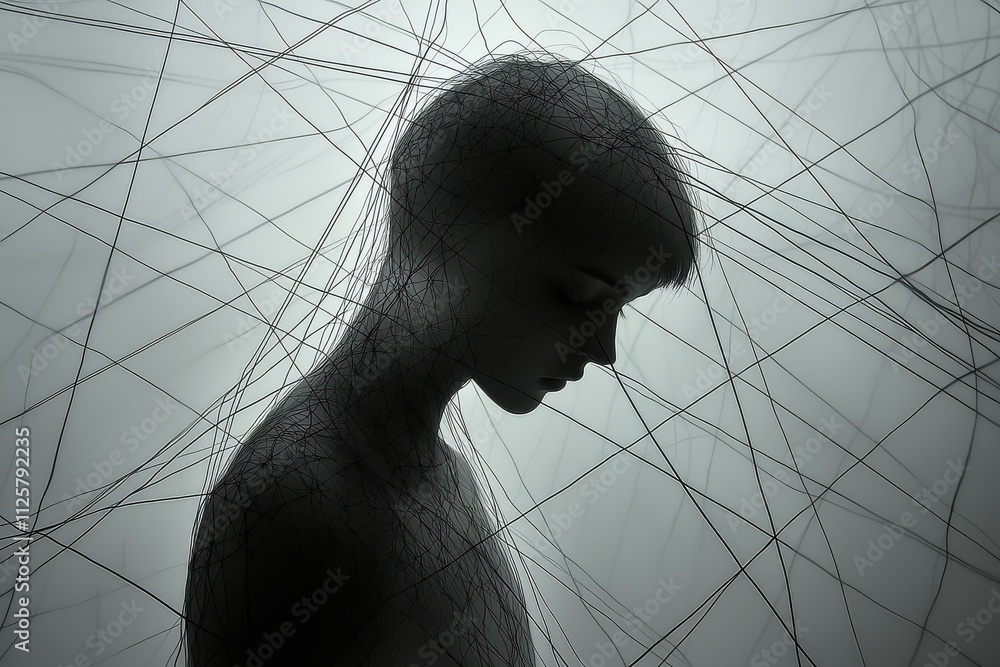 Poster minimalist abstract portrait of a figure entangled in lines studio setting artistic concept ethereal