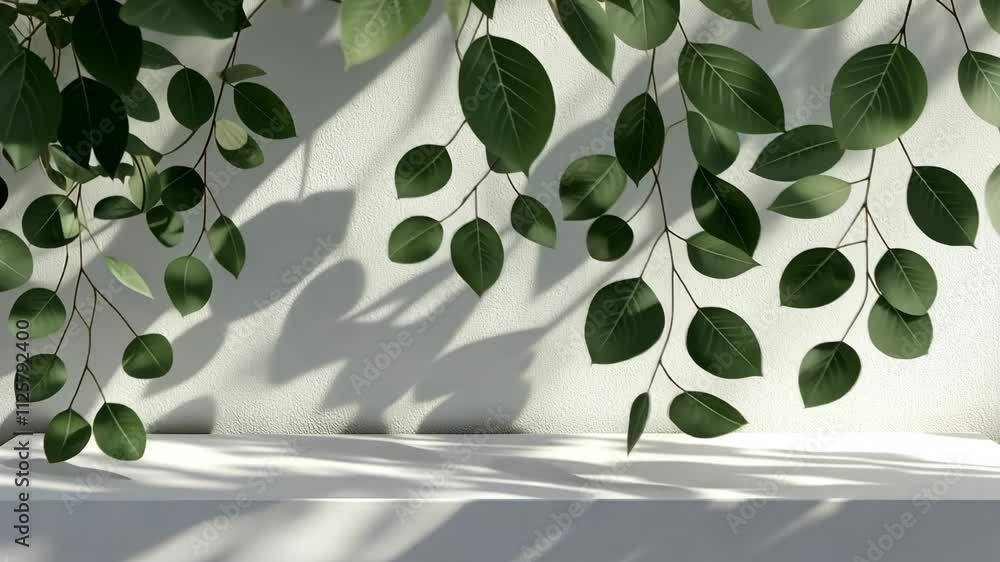 Poster green leaves cast gentle shadows on a light-colored surface creating a tranquil atmosphere in a sere