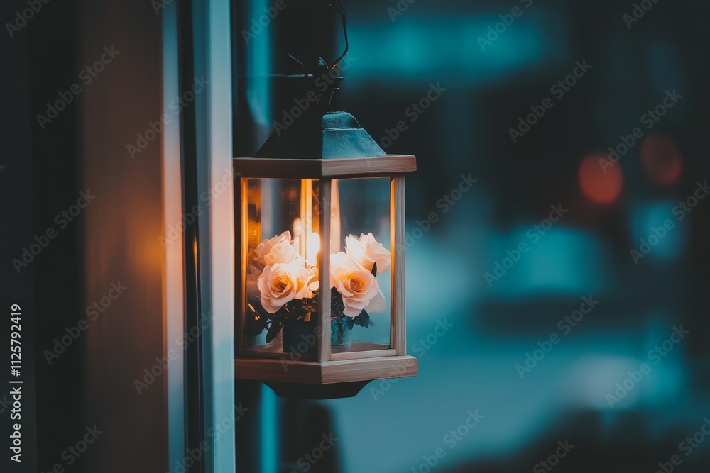 Poster elegant lantern with roses illuminating a cozy setting at dusk, emitting a warm glow and creating a 