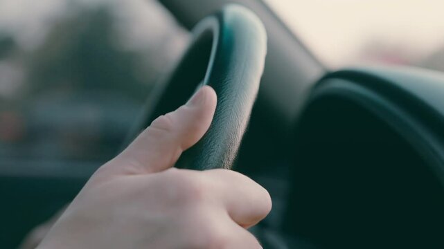 Nervous Driver Fidgeting with Steering Wheel in Parking Lot, Anxious Hands Moving Restlessly During Traffic Wait, Intimate Close-up of Human Uncertainty