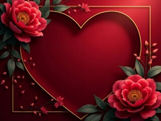 A deep red and maroon gradient background with rich peonies and gold accents. A central heart-shaped text box adds a romantic touch.