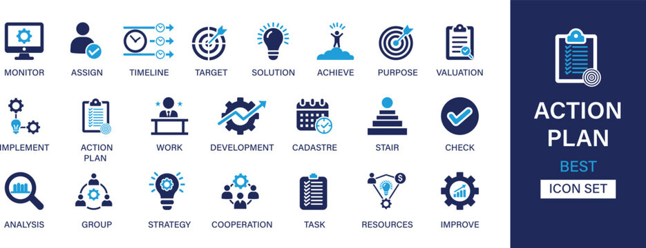 Action plan best solid icon set collection. Monitor, assign, timeline, target, solution, achieve, purpose, valuation, group and vector illustration.