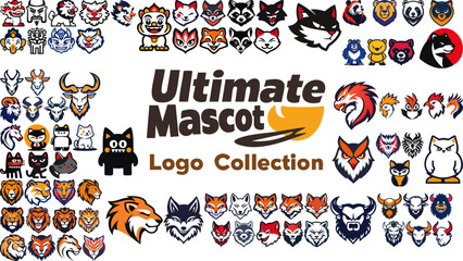 Obraz premium A collection of diverse mascot logos featuring various animals, including cats, dogs, bears, lions, wolves, and more.