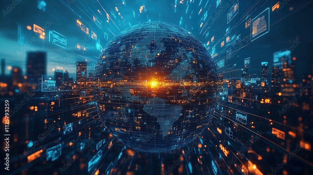 Wall mural digital globe illustration: abstract representation of global networks and media content